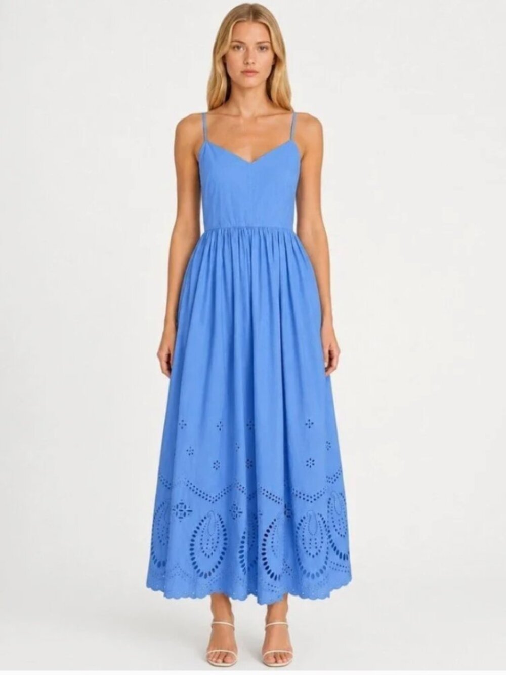 Calypso St. Barth Blue Cotton Eyelet Embroidered Smocked Maxi Dress size 10